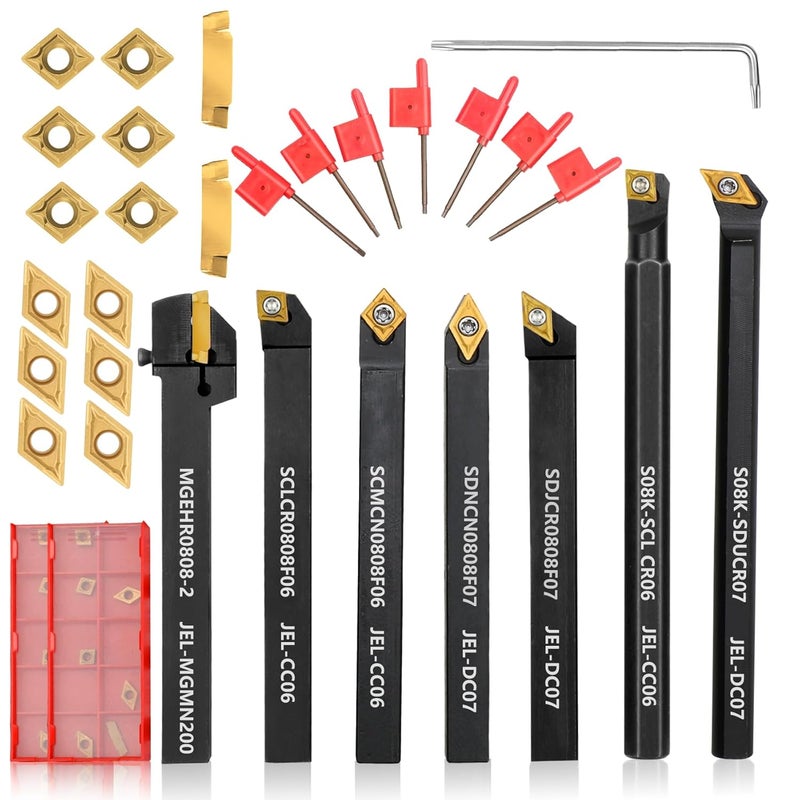 Joogto Indexable Lathe Turning Tool 21Pcs Kit 5/16" 8mm Shank 7 Pcs Metal Lathe Tool Holder Set with 14 Pcs Turning Inserts for Turning Grooving Threading Boring Carbide Inserts Carbide Turning Tool - Image 1